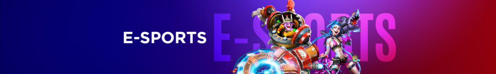 MWIN8 E-Sports banner featuring animated gaming characters with bold text promoting competitive e-sports betting.