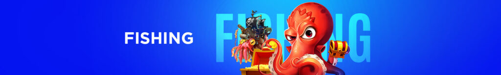 MWIN8 Fishing game banner featuring a red octopus holding a treasure chest with a pirate ship and underwater treasures in the background.