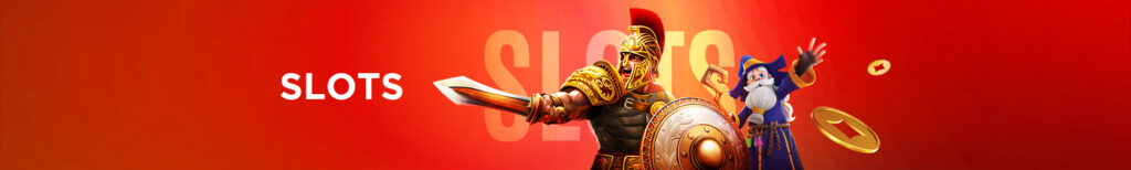 MWIN8 Slot banner featuring a Roman warrior with sword and shield alongside a wizard on a vibrant red background with gold coins.