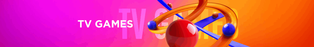 MWIN8 TV Games banner featuring colorful 3D spheres and abstract orbit shapes on a vibrant pink and orange background.