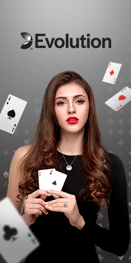 MWIN8 Evolution Casino banner featuring a woman holding playing cards with floating card symbols.