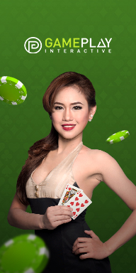 MWIN8 Gameplay Interactive banner with elegant woman holding playing cards surrounded by poker chips.