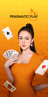 MWIN8 Pragmatic Play Casino banner featuring a woman in orange holding playing cards with floating card symbols.