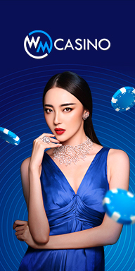 MWIN8 WM Casino banner featuring an elegant woman in a blue dress with floating poker chips.