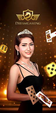 MWIN8 Dream Gaming banner featuring a smiling woman in a black dress with cards and golden dice.