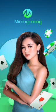 MWIN8 Microgaming banner with elegant woman in a teal dress surrounded by playing cards and poker chips.