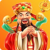 MWIN8 slot game image featuring the God of Wealth with a joyful expression, holding gold ingots on a bright golden background.