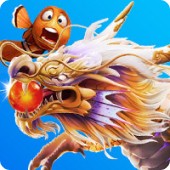 MWIN8 Fishing game artwork featuring a golden dragon chasing a glowing pearl and a startled orange fish, symbolizing action-packed underwater battles.