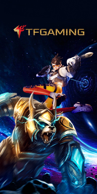 TF Gaming e-sports banner on MWIN8 showing futuristic warrior and armored beast in cosmic battle, symbolizing online competitive gaming and betting.