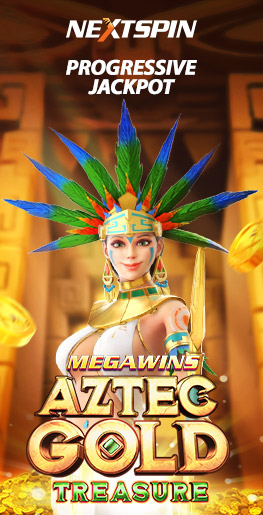 MWIN8 NextSpin Aztec Gold Treasure slot featuring an Aztec queen in colorful feathered headdress with golden coins and progressive jackpot theme.