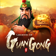 MWIN8 Legend of Guan Gong slot game featuring the iconic Chinese warrior deity in a fiery battlefield background.