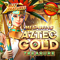 MWIN8 Aztec Gold Treasure slot game featuring an Aztec queen adorned with feathers and gold, set against a treasure-filled backdrop.