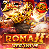 MWIN8 Roma II Megawins slot game featuring a Roman gladiator in golden armor with sword and shield, highlighting the Buy Bonus and VIP Jackpot options.