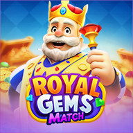 MWIN8 Royal Gems Match slot game featuring a cheerful king holding a scepter, surrounded by treasures and colorful gems.