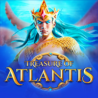 MWIN8 Treasure of Atlantis slot featuring the King of Atlantis with flowing turquoise hair, golden armor, and a radiant crown under the ocean’s glow.