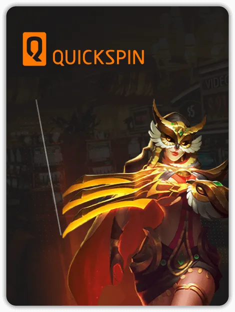 MWIN8 Quickspin slot banner featuring a fierce warrior woman in a golden owl-inspired mask and armor, glowing with fiery energy in a casino backdrop.