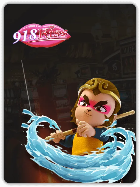 MWIN8 918Kiss Fishing banner featuring a heroic warrior character wielding a staff with water effects, symbolizing strength and adventure.