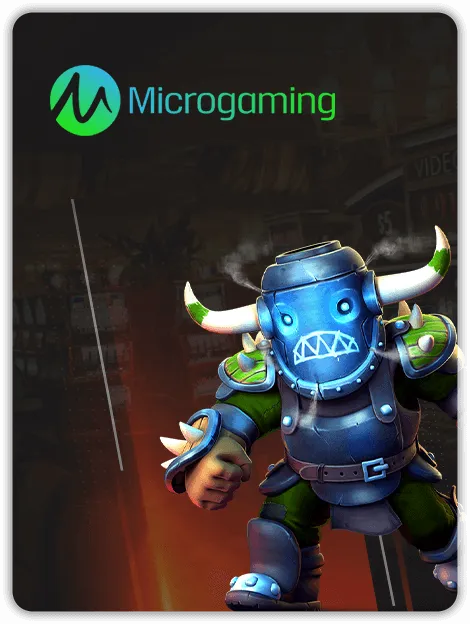 MWIN8 Microgaming slot banner featuring a robotic warrior with glowing blue armor and horns, symbolizing power and thrilling slot adventures.
