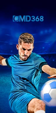 MWIN8 CMD368 sports betting banner featuring a football player kicking a ball in a stadium.
