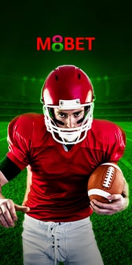 MWIN8 M8bet sports betting banner featuring an American football player in red gear holding a ball on a green field.