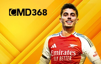 MWIN8 CMD368 sportsbook featuring a smiling Arsenal football player in a red and white jersey with a yellow background.