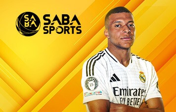 MWIN8 Saba Sports sportsbook featuring a Real Madrid football player in a white jersey on a yellow background.
