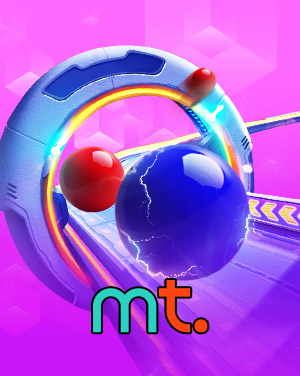 MWIN8 Motivation TV Games banner featuring glowing 3D spheres racing through a futuristic neon ring on a vibrant pink background.