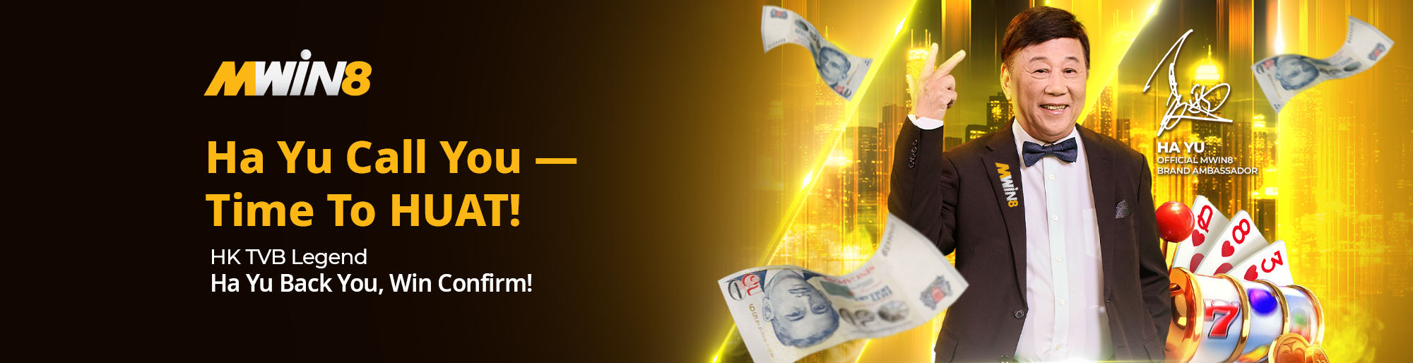 MWIN8 Singapore brand ambassador Ha Yu promoting “Time To HUAT” campaign with flying money and slot icons.