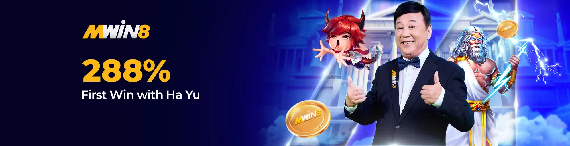 Ha Yu smiling with MWIN8 logo, offering a 288% first win bonus beside animated slot characters.