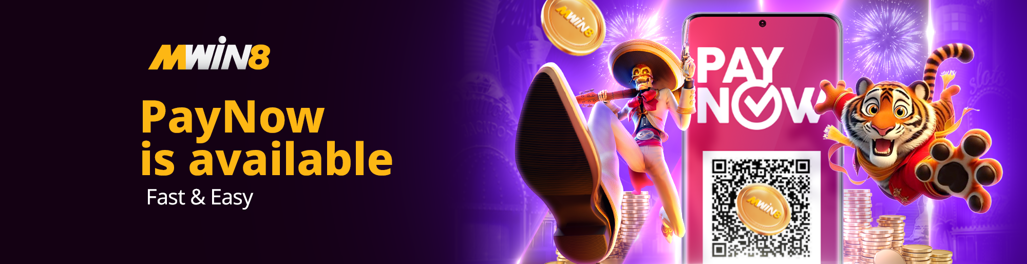 PayNow QR code and MWIN8 mascot characters celebrating secure and fast deposits.