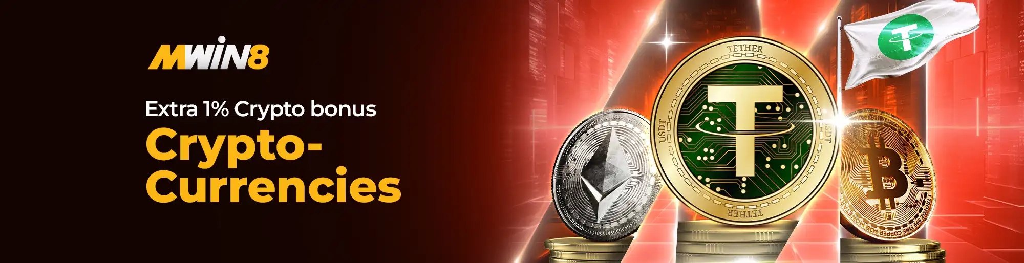 MWIN8 offers extra 1% crypto bonus with Bitcoin, Ethereum, and Tether coins on a golden background.