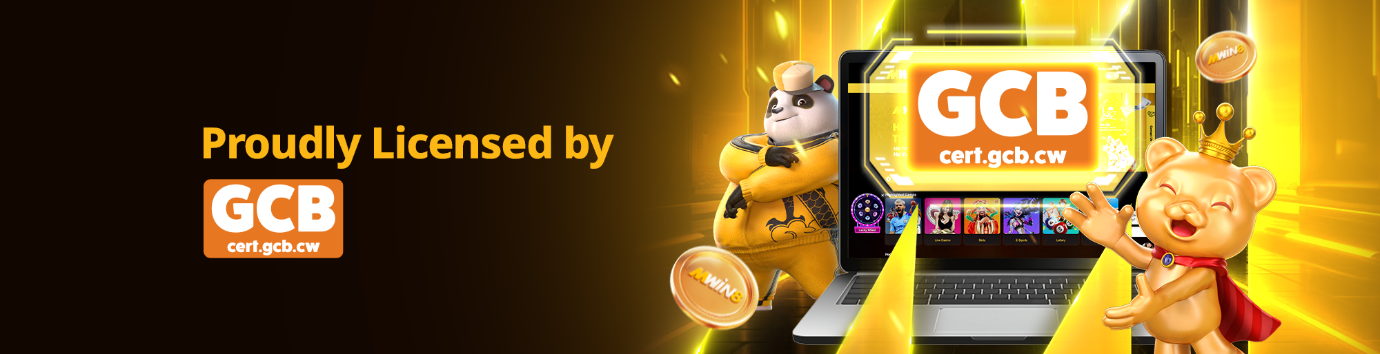 MWIN8 proudly licensed by Curaçao GCB with golden bear and panda mascots beside gaming laptop.