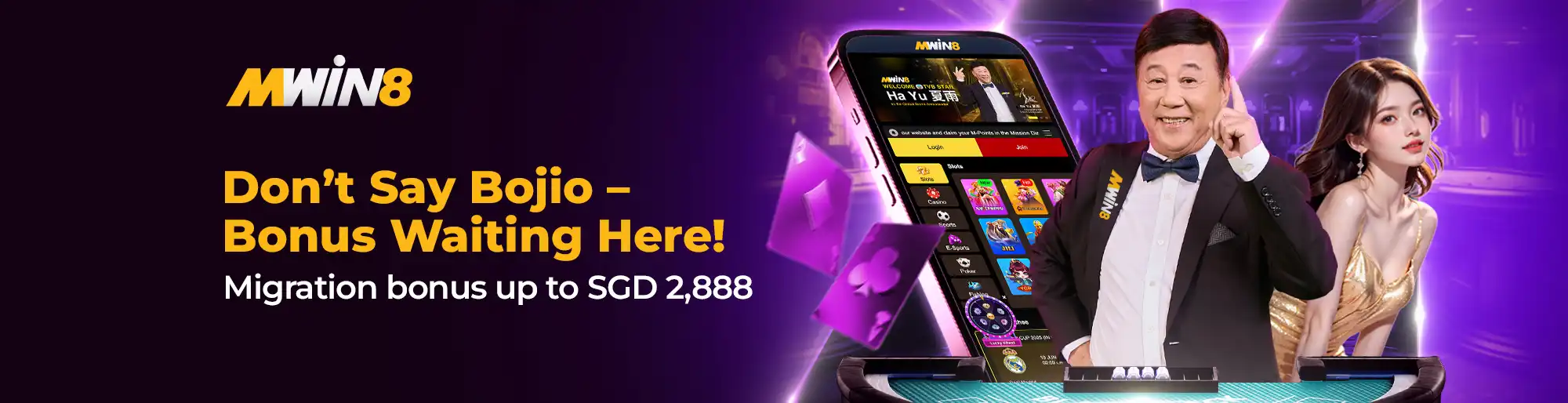 Ha Yu with MWIN8 app and model beside text offering migration bonus up to SGD 2,888.