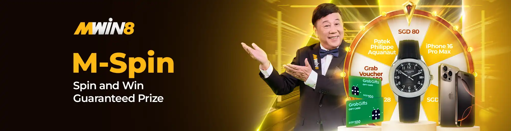 Ha Yu presenting MWIN8’s M-Spin wheel offering prizes like iPhone 16, Patek Philippe, and Grab vouchers.